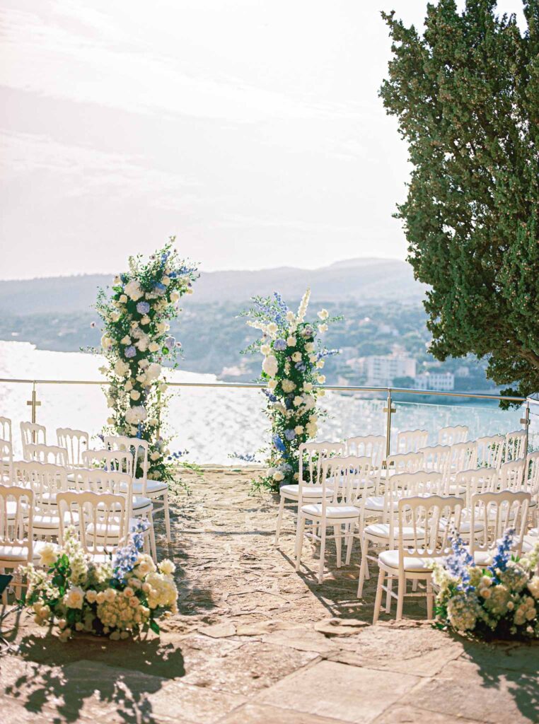 Chateau Cassis Olya ceremony proper overlooking ocean white chairs
