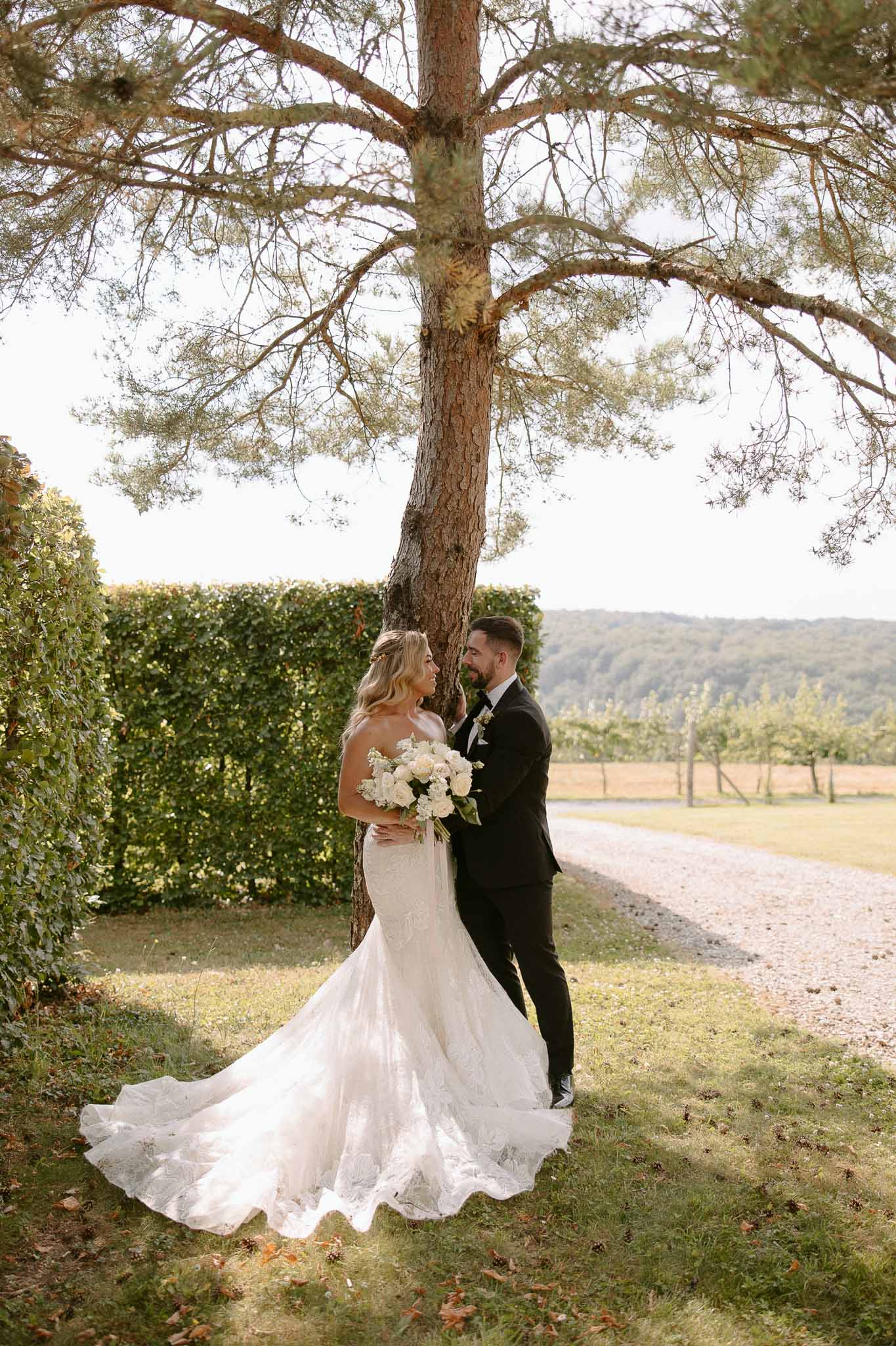 Bride and groom portrait under tree at countryside vineyard estate