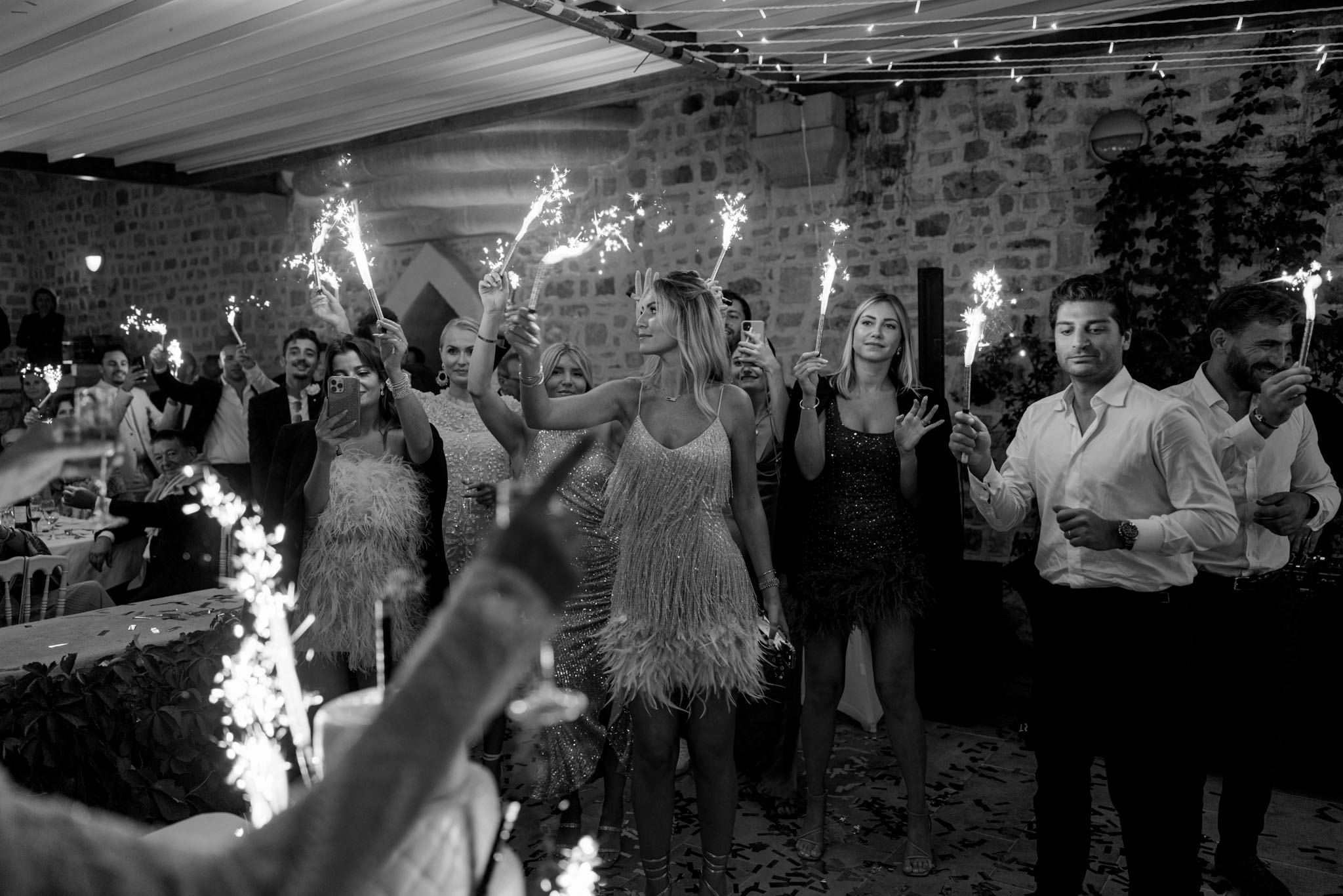 bride and guest with fireworks