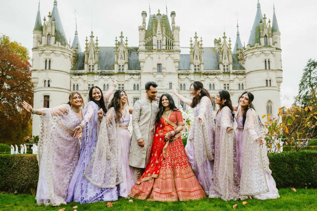 Chateau Challain F.Bandiera bride groom bridesmaids formal picture vintage building background