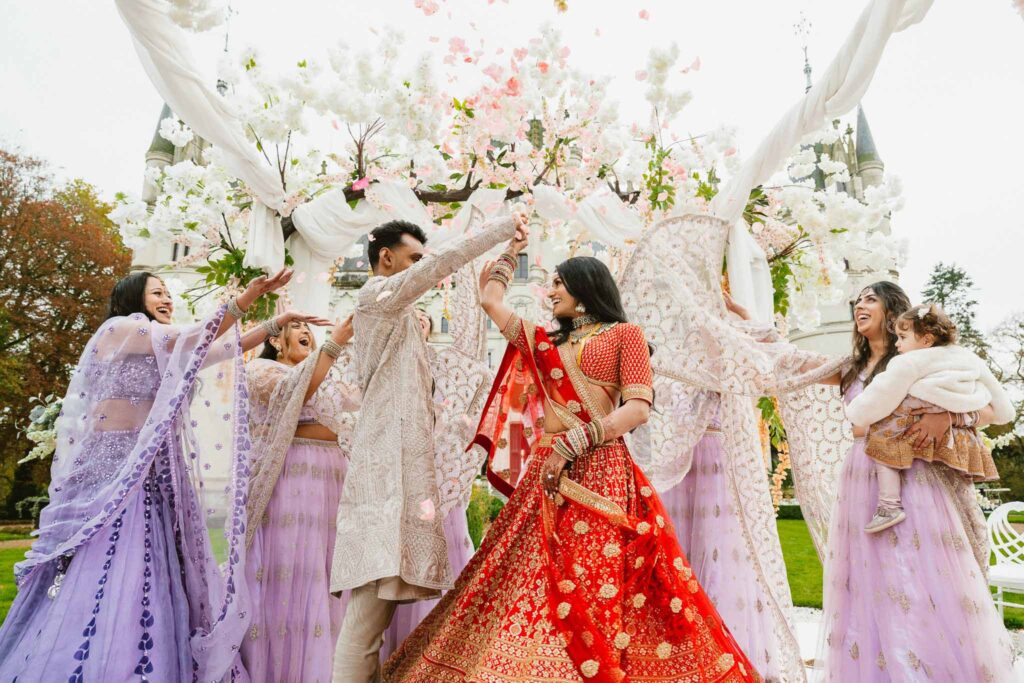 Chateau Challain F.Bandiera bride groom bridesmaids indian ceremony white flowers