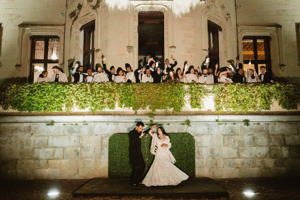 Chateau Challain F.Bandiera bride groom dancing night outside venue