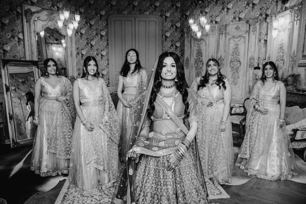 Chateau Challain F.Bandiera indian bride dress lehenga bridesmaids black white photo