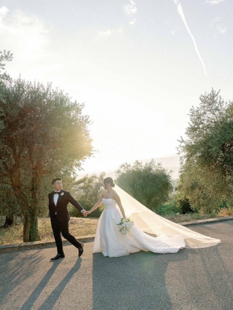 Domaine Mont Leuze CC Weddings bride groom holding hands walking sunset garden