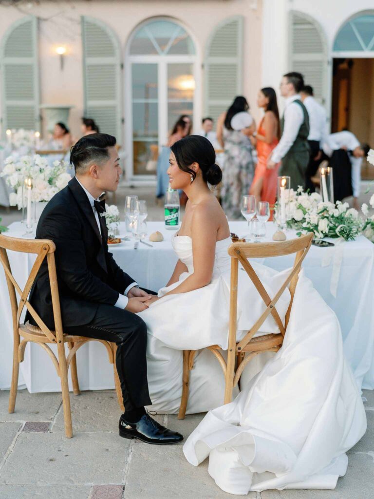 Domaine Mont Leuze CC Weddings bride groom looking each other sitting reception