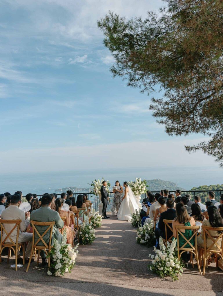 Domaine Mont Leuze CC Weddings bride groom officiant altar overlooking guests seated