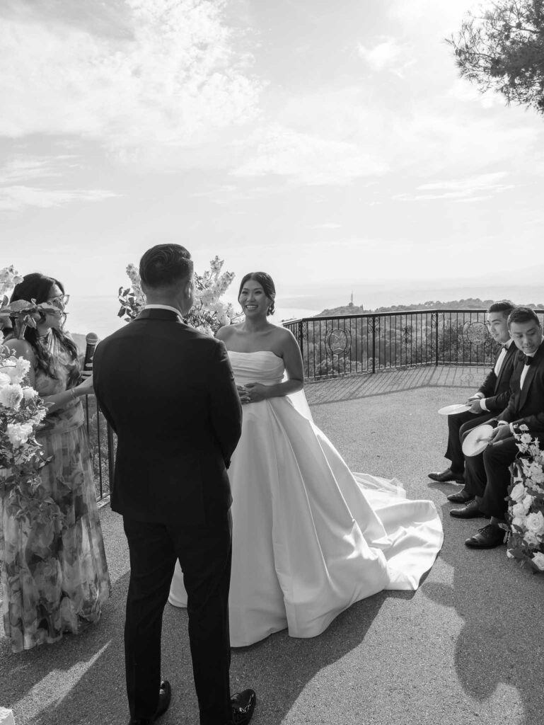 Domaine Mont Leuze CC Weddings bride groom standing altar overlooking view black white photo