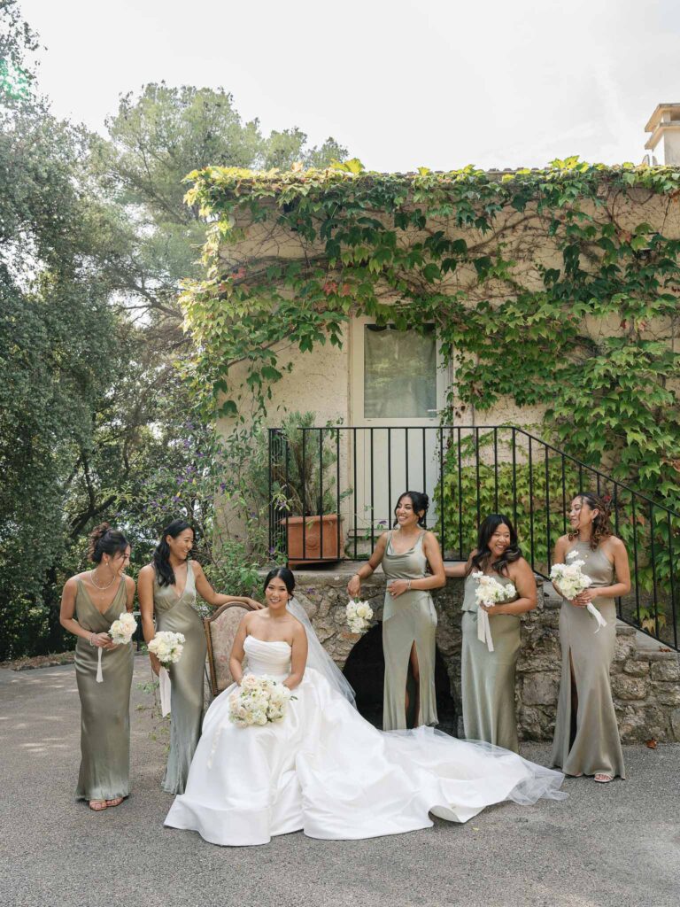 Domaine Mont Leuze CC Weddings bride sitting bridesmaids standing olive green dress