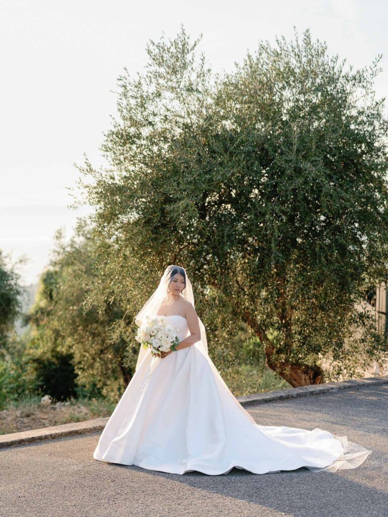 Domaine Mont Leuze CC Weddings bride strapless dress long trail veil face