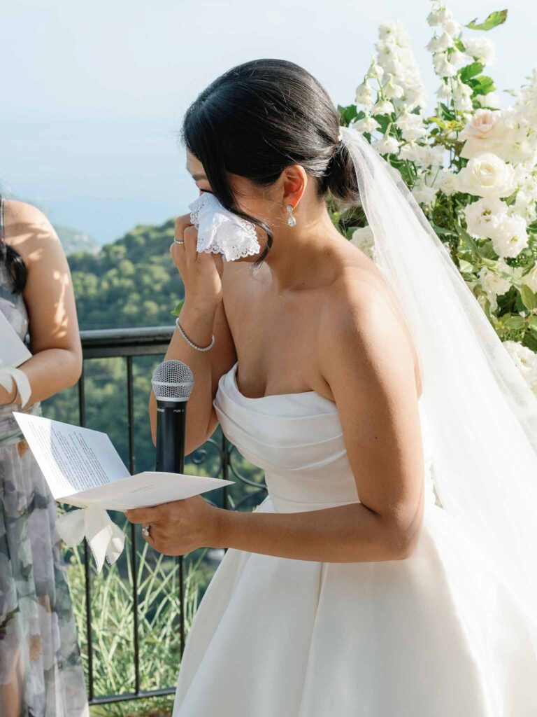 Domaine Mont Leuze CC Weddings bride wiping tears white handerchief
