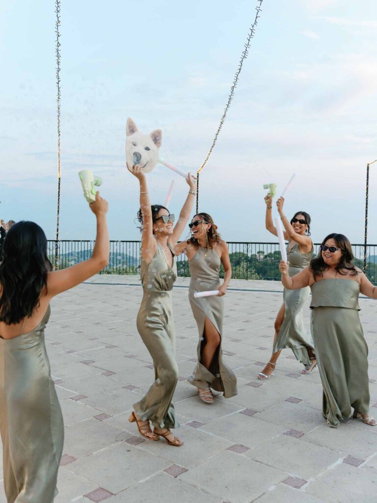 Domaine Mont Leuze CC Weddings bridesmaids dancing reception entrance dog mask