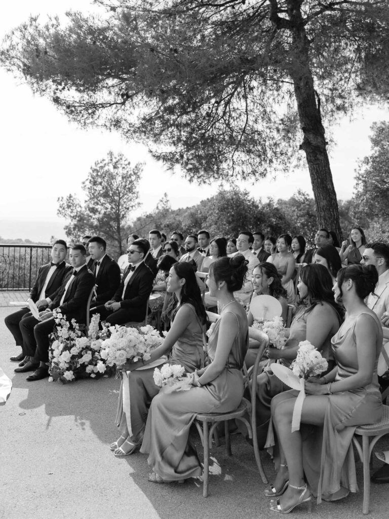 Domaine Mont Leuze CC Weddings ceremony area guests seated black white photo