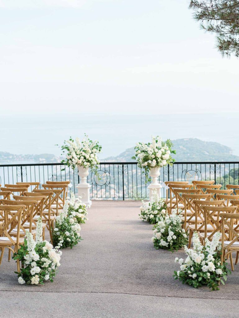 Domaine Mont Leuze CC Weddings ceremony area wood chairs two flower tower altar