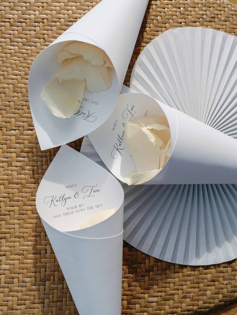 Domaine Mont Leuze CC Weddings detail shot white paper cone petals fans