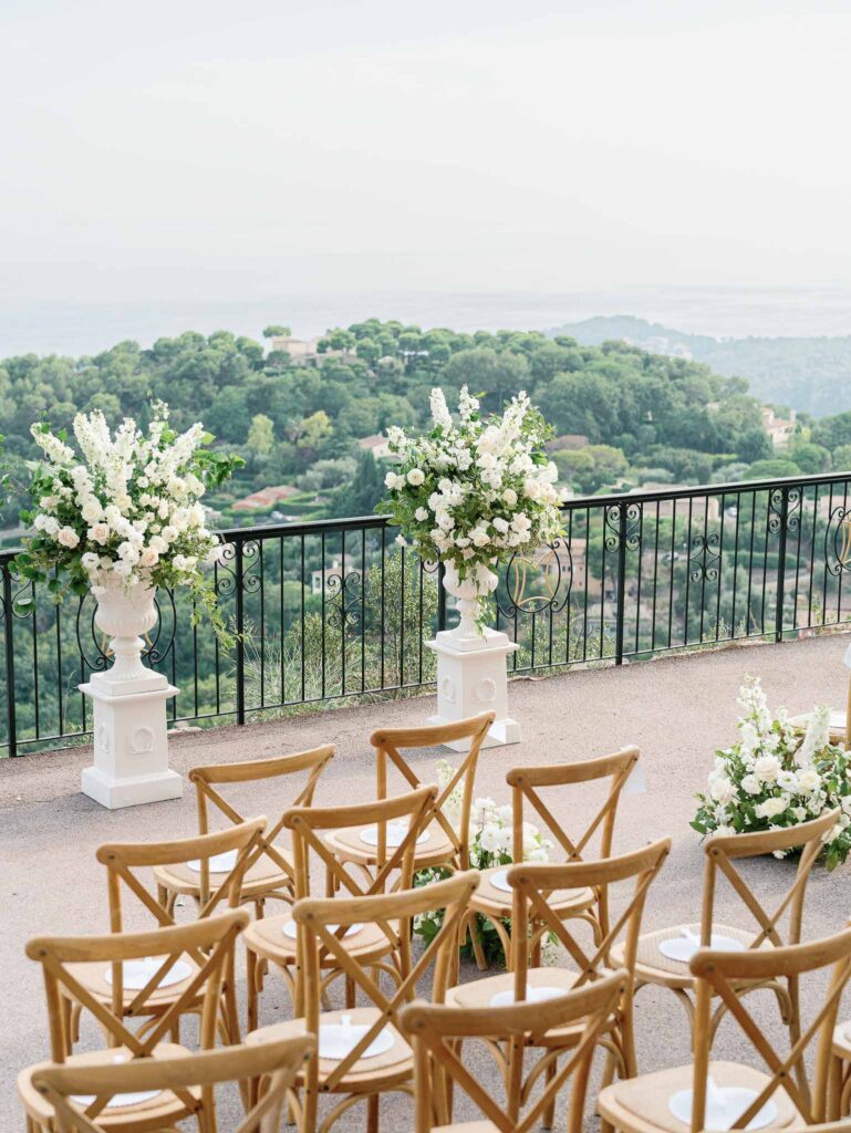 Domaine Mont Leuze CC Weddings detail shot wood chairs ceremony overlooking