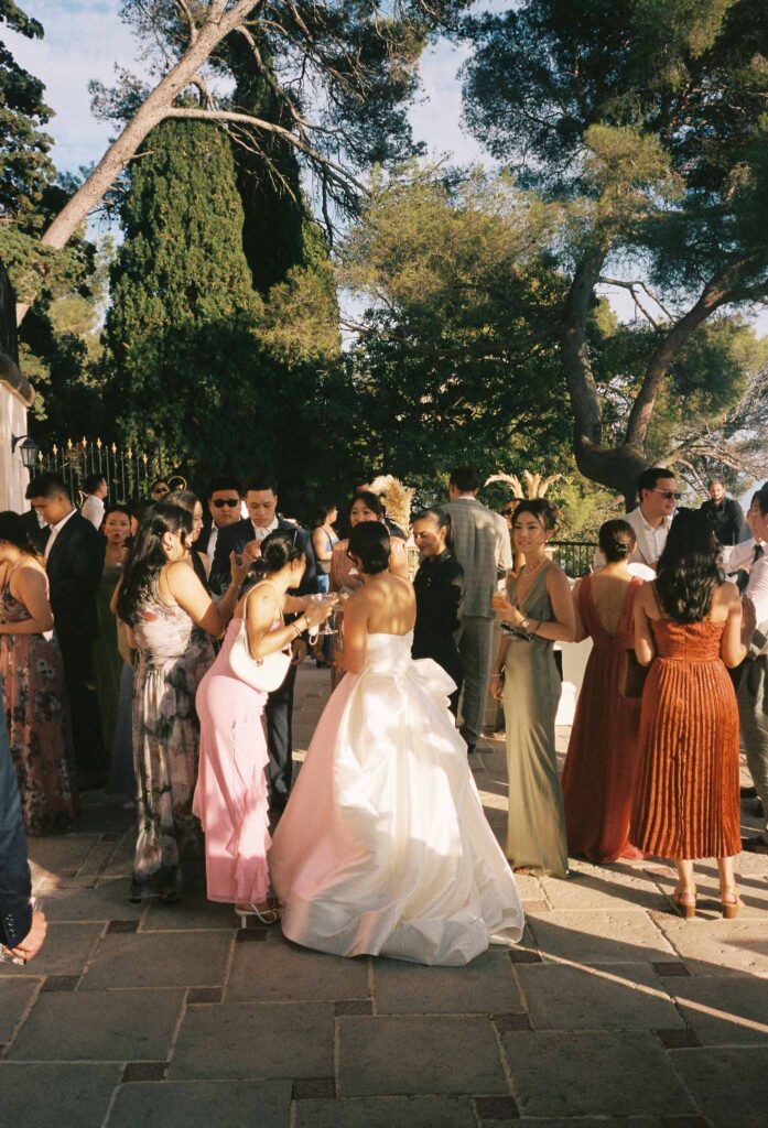 Domaine Mont Leuze CC Weddings film bride cocktail area guests standing