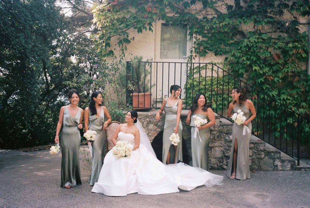 Domaine Mont Leuze CC Weddings film bride sitting bridesmaids standing