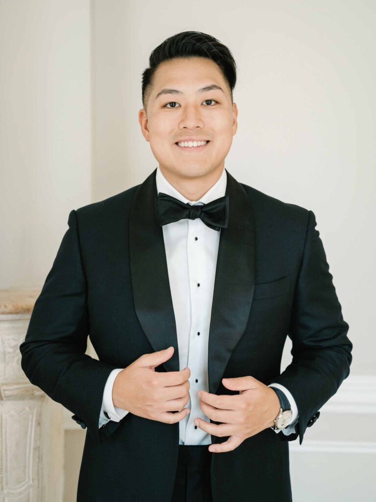 Domaine Mont Leuze CC Weddings groom black tuxed bow tie formal shot