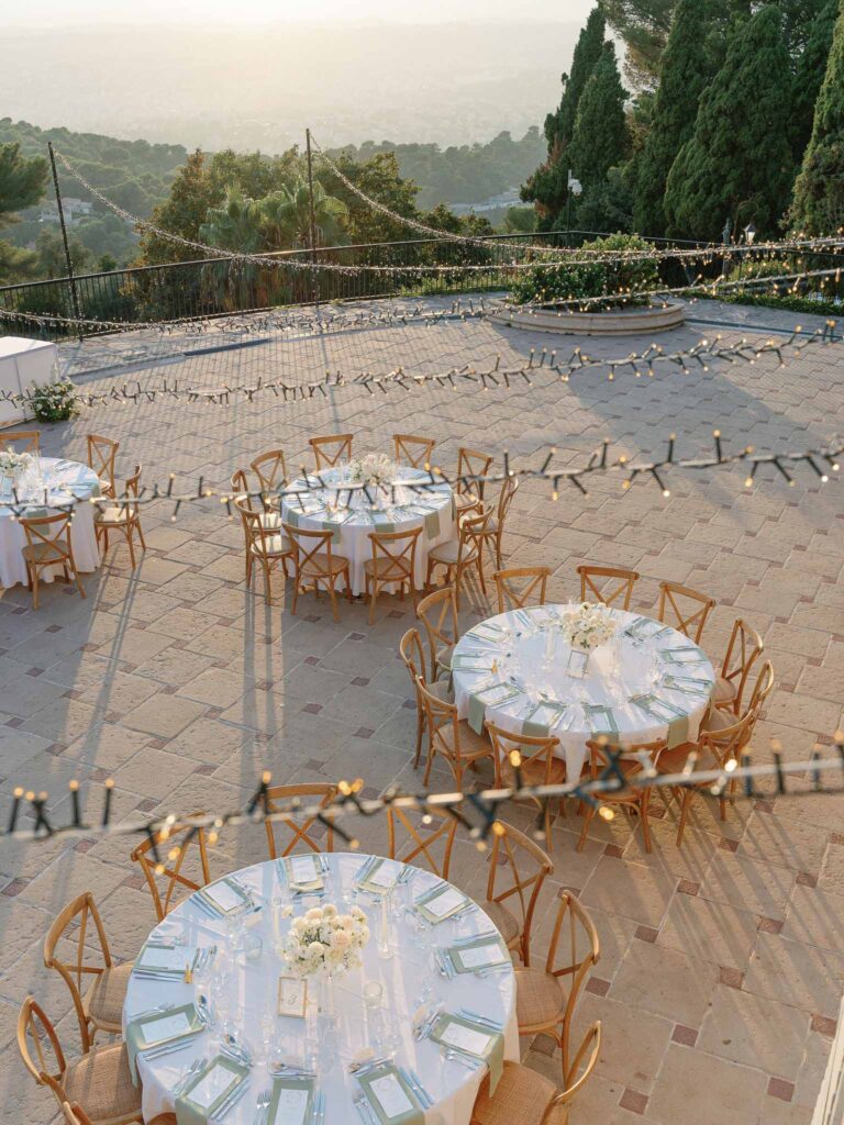 Domaine Mont Leuze CC Weddings top shot round reception tables stringlights