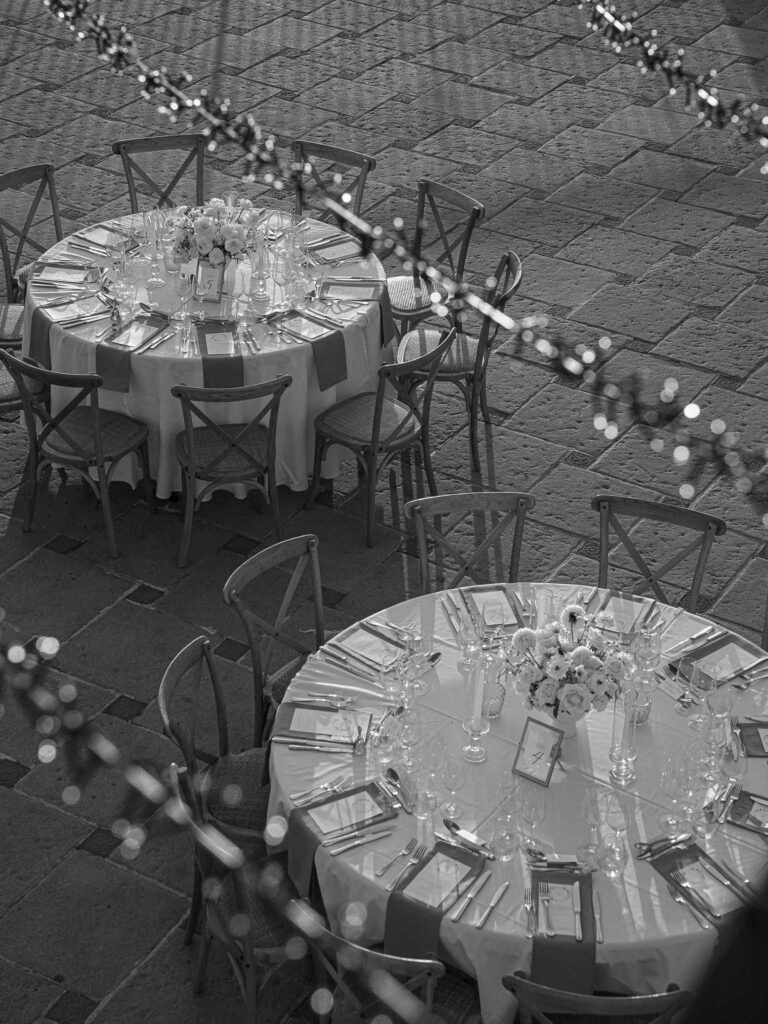 Domaine Mont Leuze CC Weddings top shot round reception tables stringlights black white photo