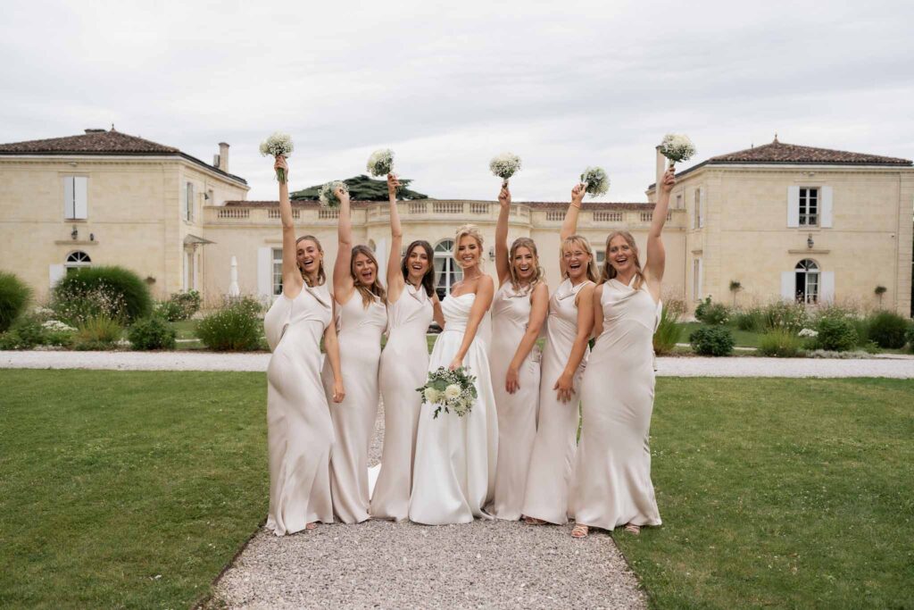 Gassies J.Flood bride bridesmaids formal picture nude satin dress bouquet up