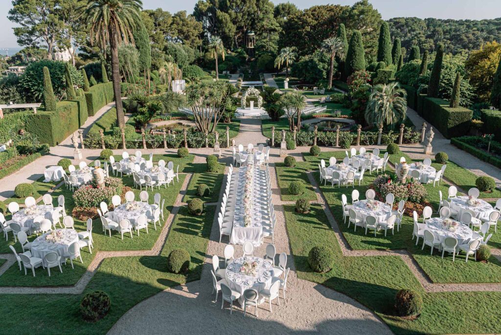 Villa Ehprussi Tatyana aerial shot reception garden white tables chairs