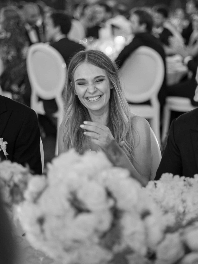 Villa Ehprussi Tatyana bride candid shot reception proper table black white photo