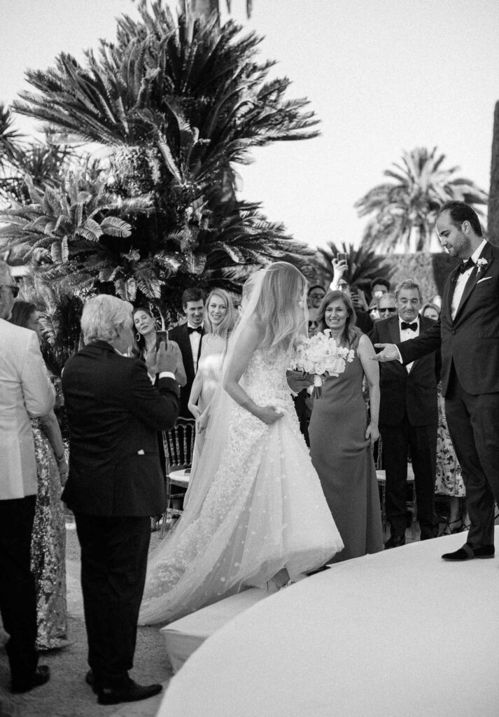 Villa Ehprussi Tatyana bride groom ceremony altar guests background black white photo