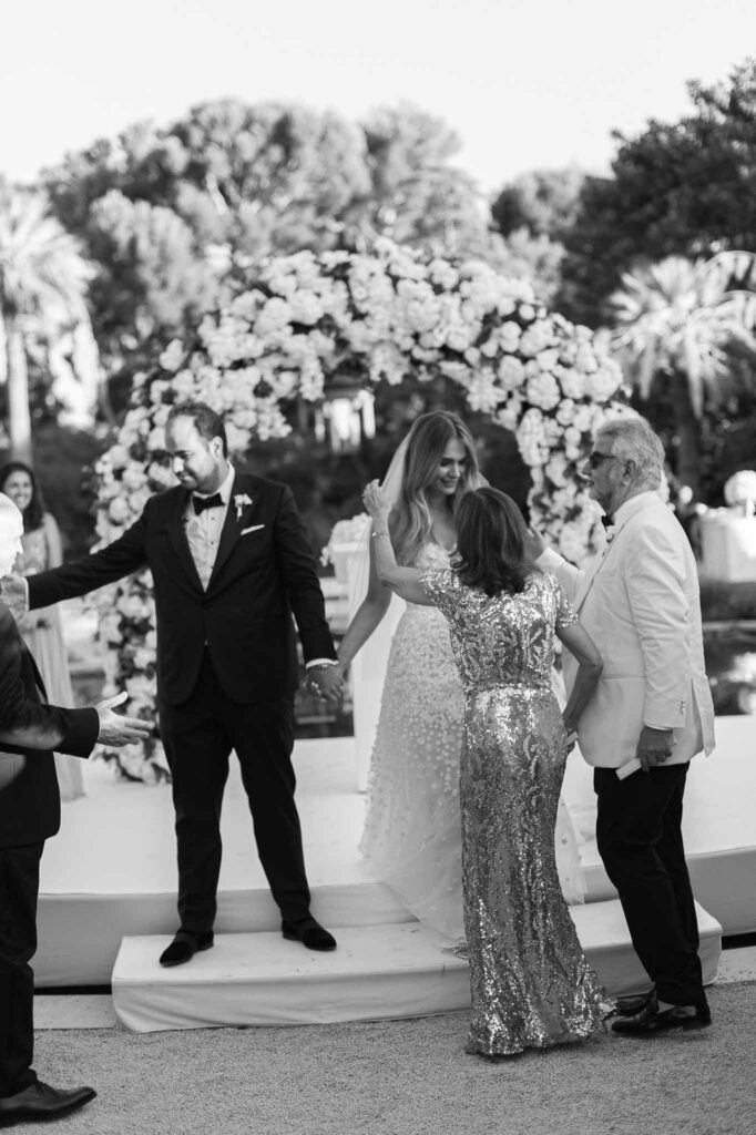 Villa Ehprussi Tatyana bride groom parents ceremony black white photo