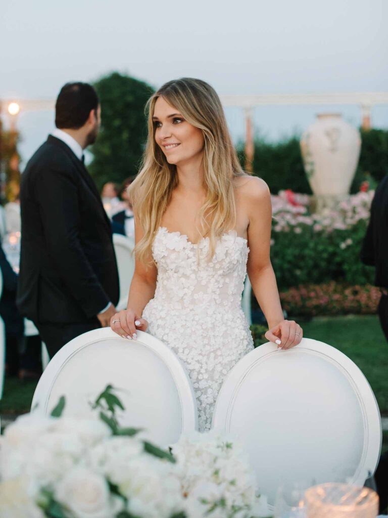 Villa Ehprussi Tatyana bride long blonde straight hair reception round white chair