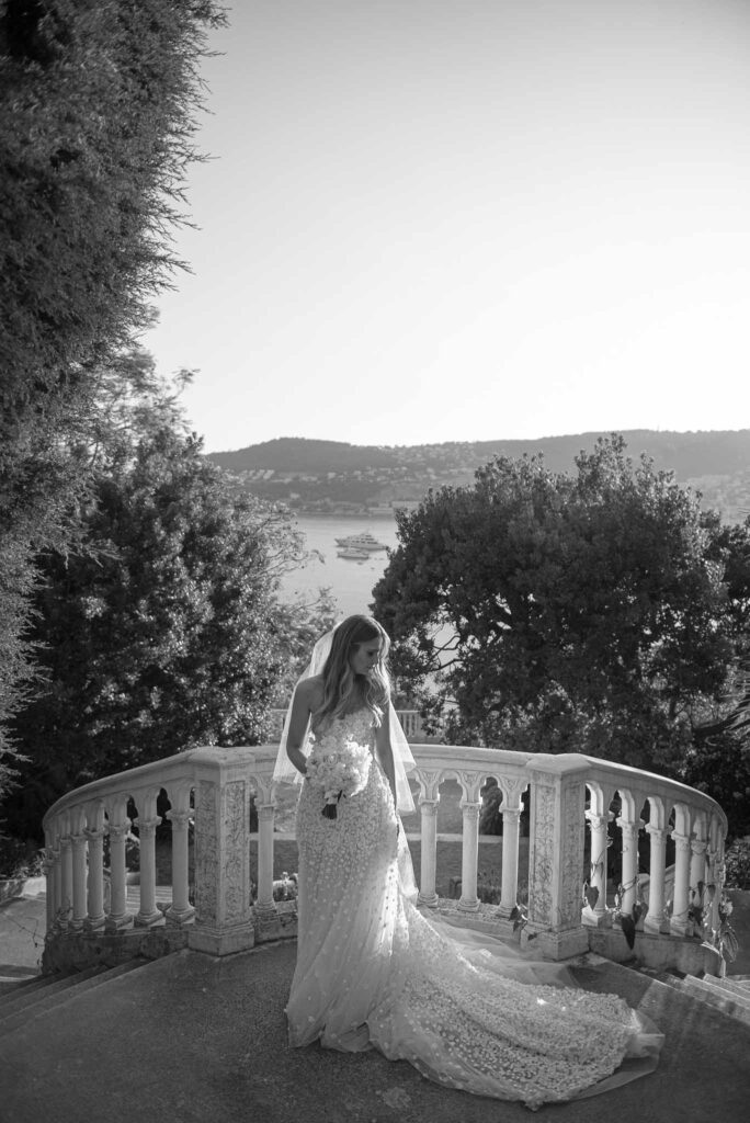 Villa Ehprussi Tatyana bride long strapless floral lace dress overlooking view black white photo