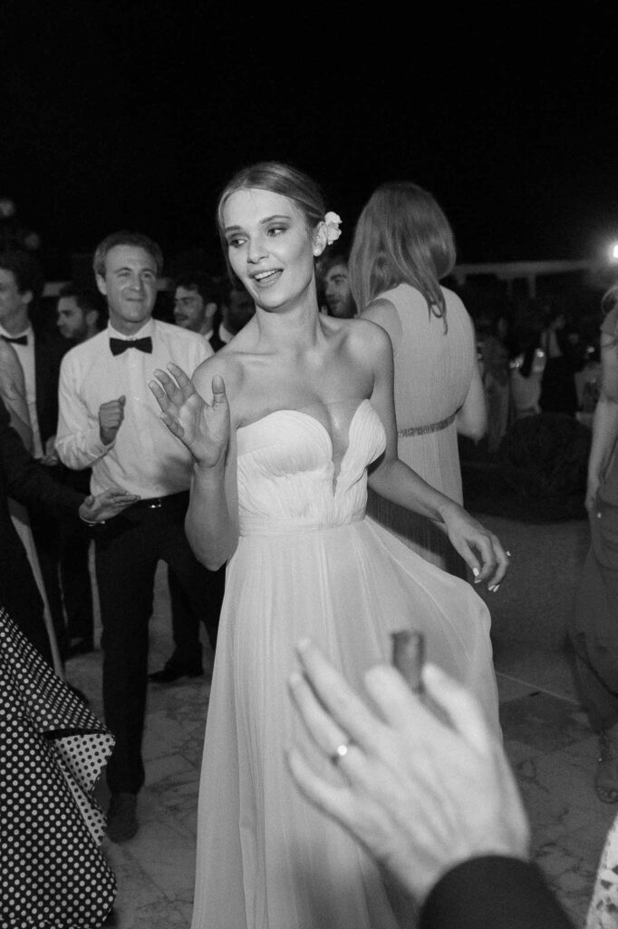 Villa Ehprussi Tatyana bride strapless flowy dress dancing reception black white photo