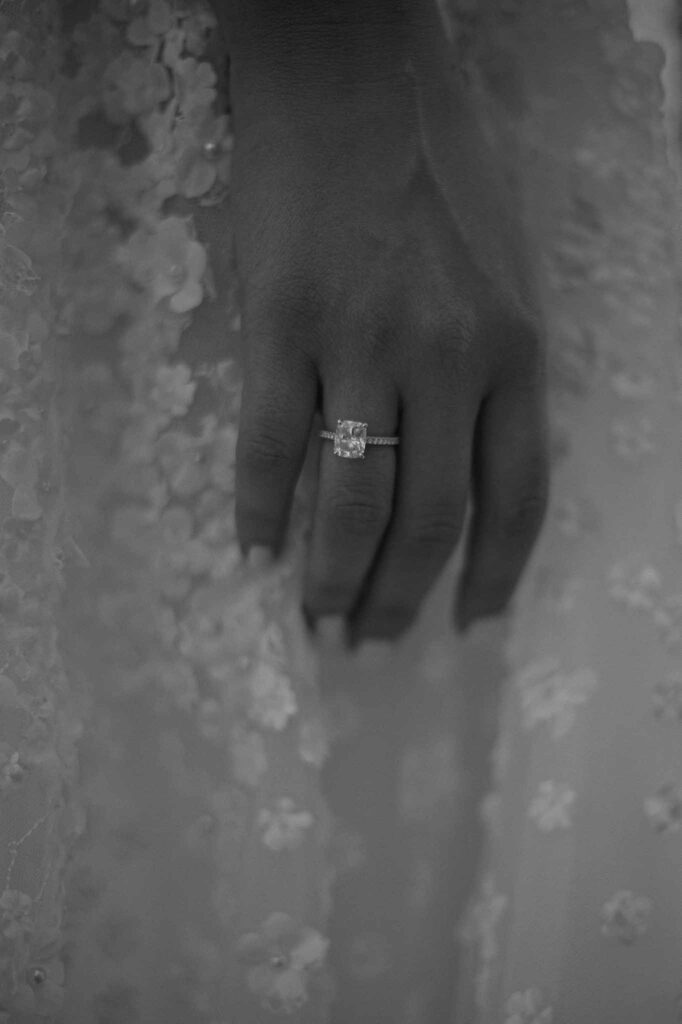 Villa Ehprussi Tatyana detail shot bride square cut diamond engagement ring
