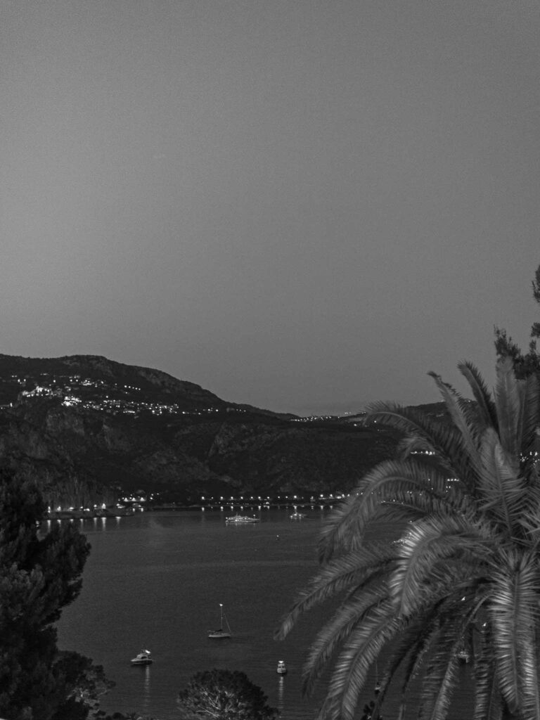 Villa Ehprussi Tatyana detail shot overlooking view sea mountain buildings black white photo