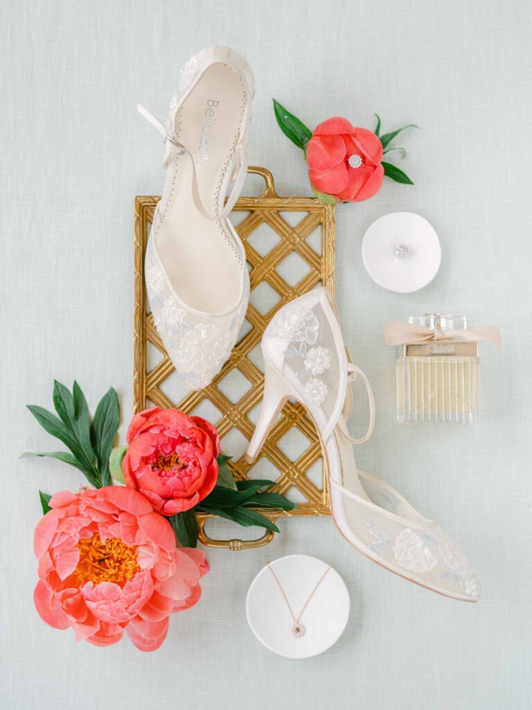 Château Belle Epoque Adeline Murzeau flatlay bride pointed mesh shoes gold tray tropical flowers