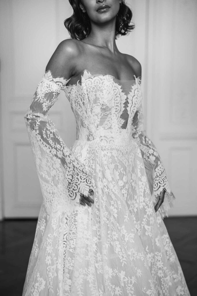 Chateau de Ferrieres Avecamour bride off shoulder long sleeves lace ball gown black white photo