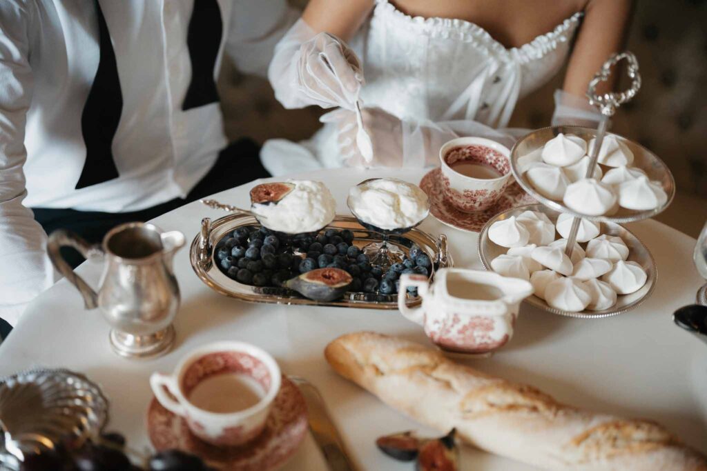 Chateau de Ferrieres Avecamour detail shot food silverware tray porcelain cup saucer bride groom