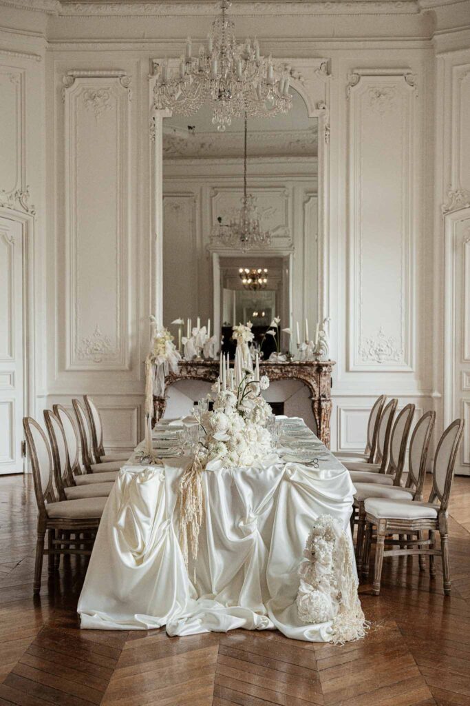 Chateau de Ferrieres Avecamour detail shot long reception table white vintage chair room chandelier