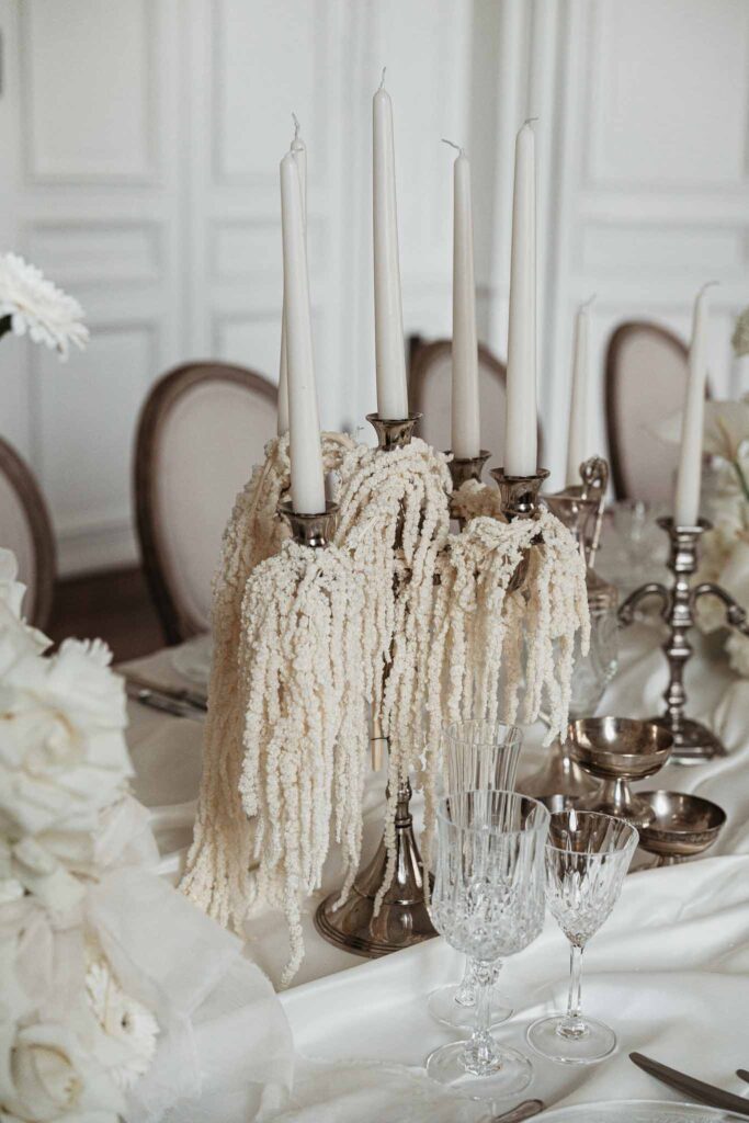 Chateau de Ferrieres Avecamour detail shot silver candle holder white flower decor