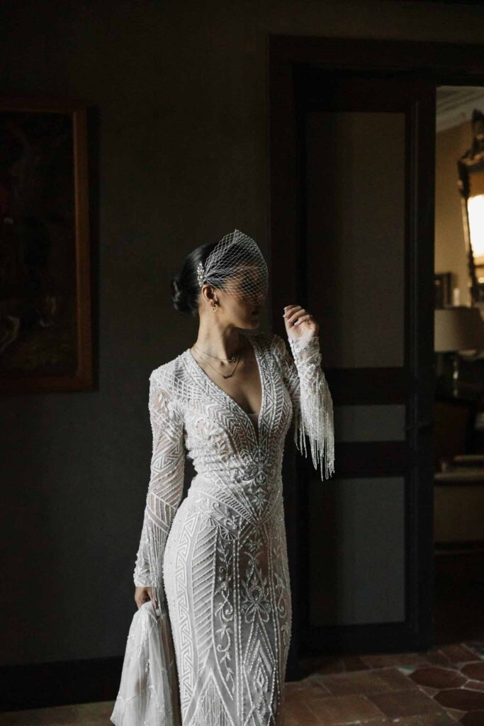 Chateau de Maillac Ala Breskaya bride deep v neck longsleeves fringe sparkle dress vintage retro veil