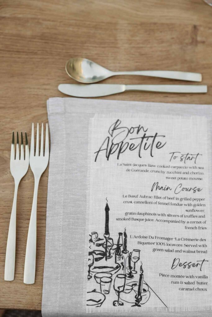 Chateau de Maillac Ala Breskaya detail shot reception table napkin menu card silverware