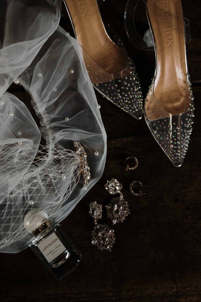 Chateau de Maillac Ala Breskaya flatlay sparkle pointed bride shoes perfum jewelry