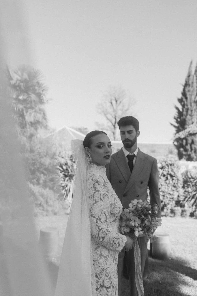 Chateau de la gruerie bride groom turtle neck lace longsleeves dress black white photo