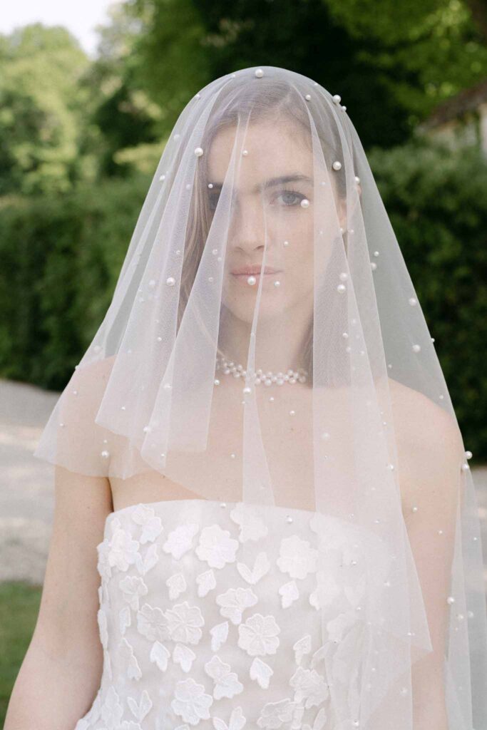 Chateau sainte claire keith flament bride floral strapless dress veil pearls