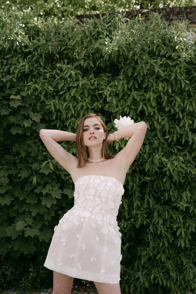 Chateau sainte claire keith flament bride short floral strapless dress