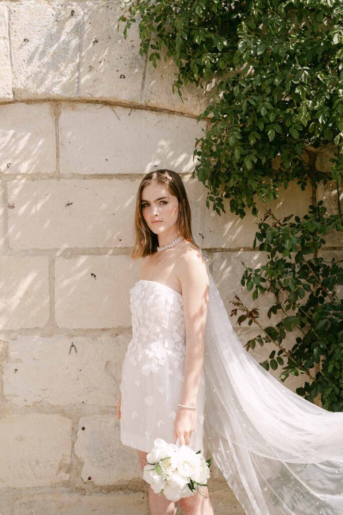 Chateau sainte claire keith flament bride short floral strapless dress long veil