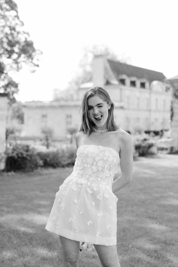 Chateau sainte claire keith flament bride strapless short floral dress black white photo