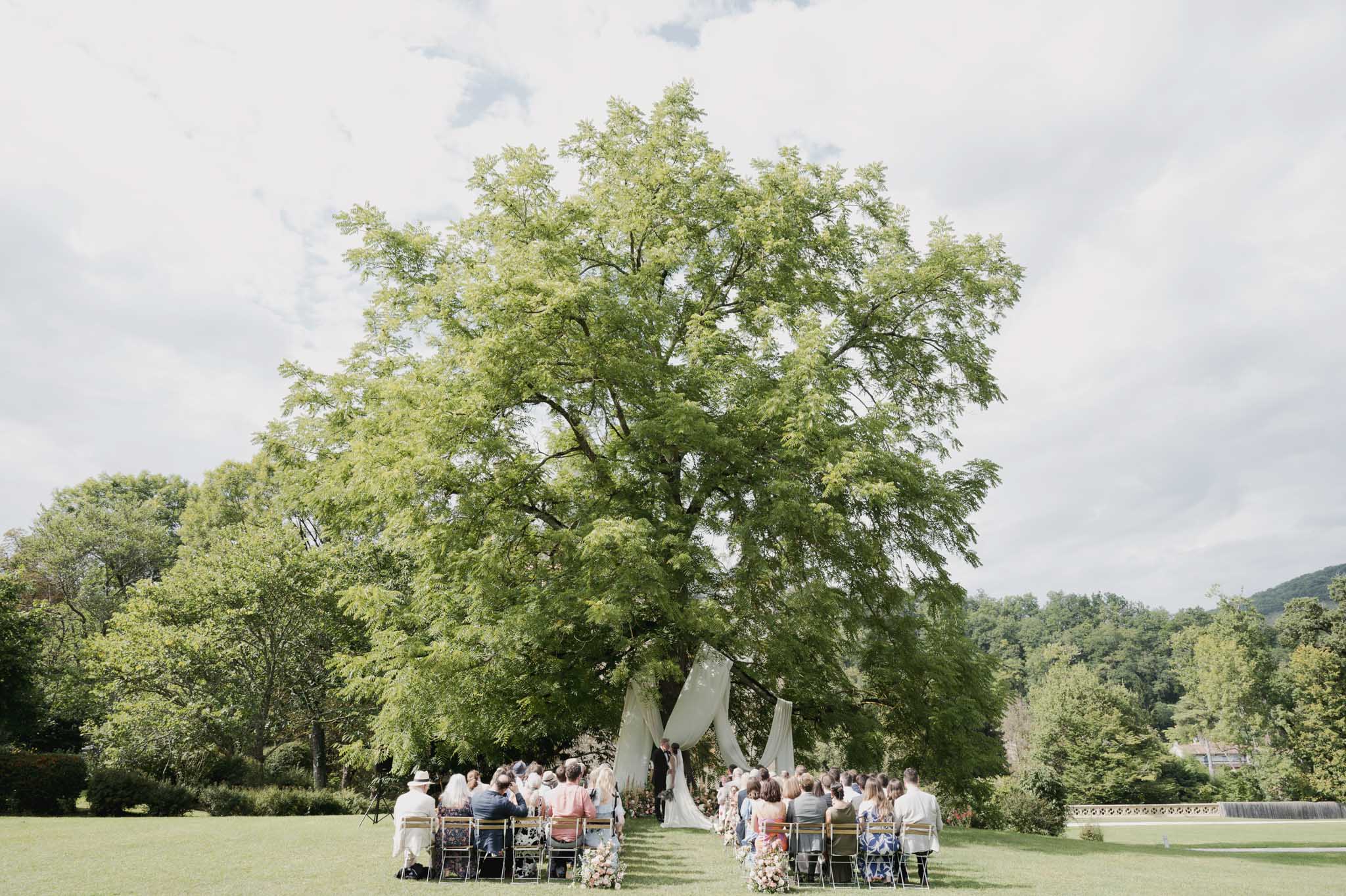 Outdoor wedding ceremony under tree with guests in chiavari chairs at parkland venue