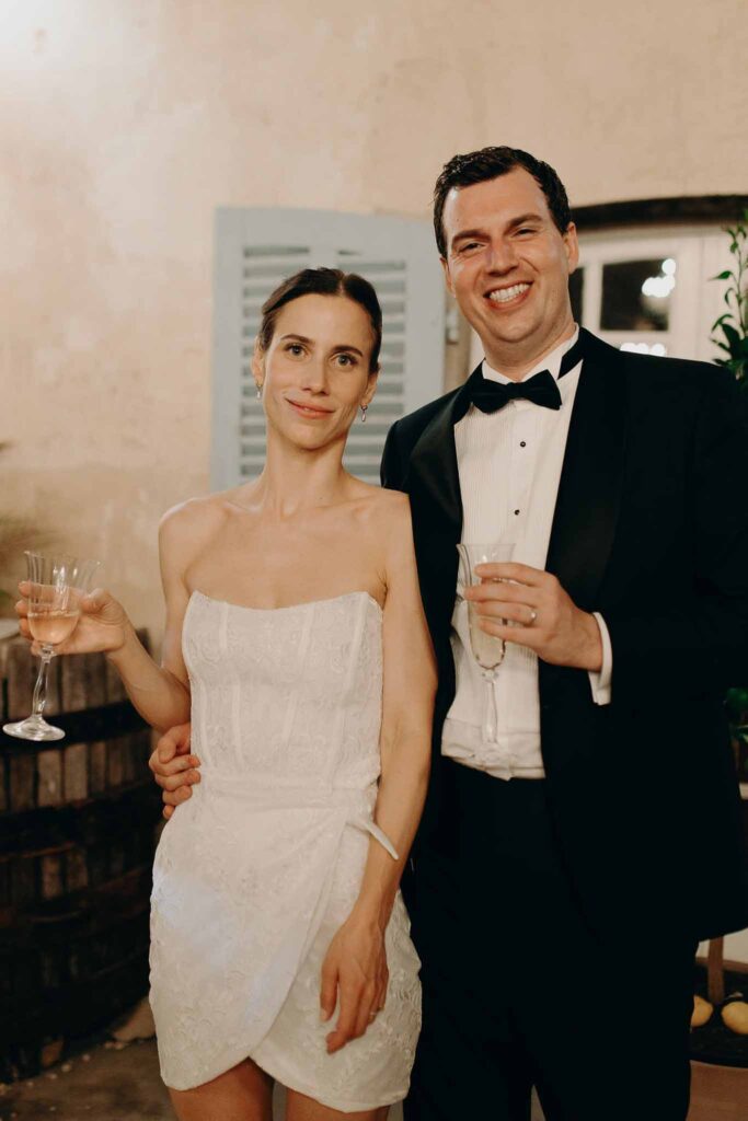 Chateau de Robernier Elise Morgan bride short bustier lace short dress black tuxedo