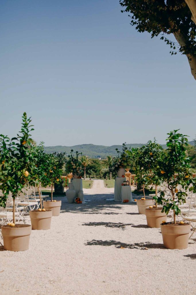 Chateau de Robernier Elise Morgan detail shot lemon trees pot aisle ceremony decor